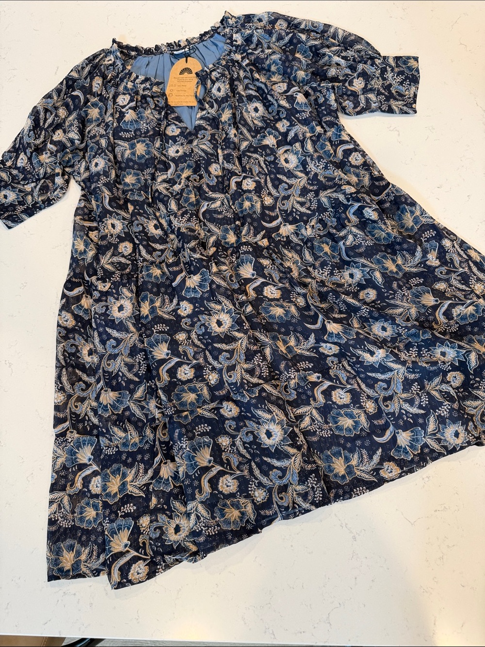 Women's Navy Floral Tiered Casual Dress with Blue Accents